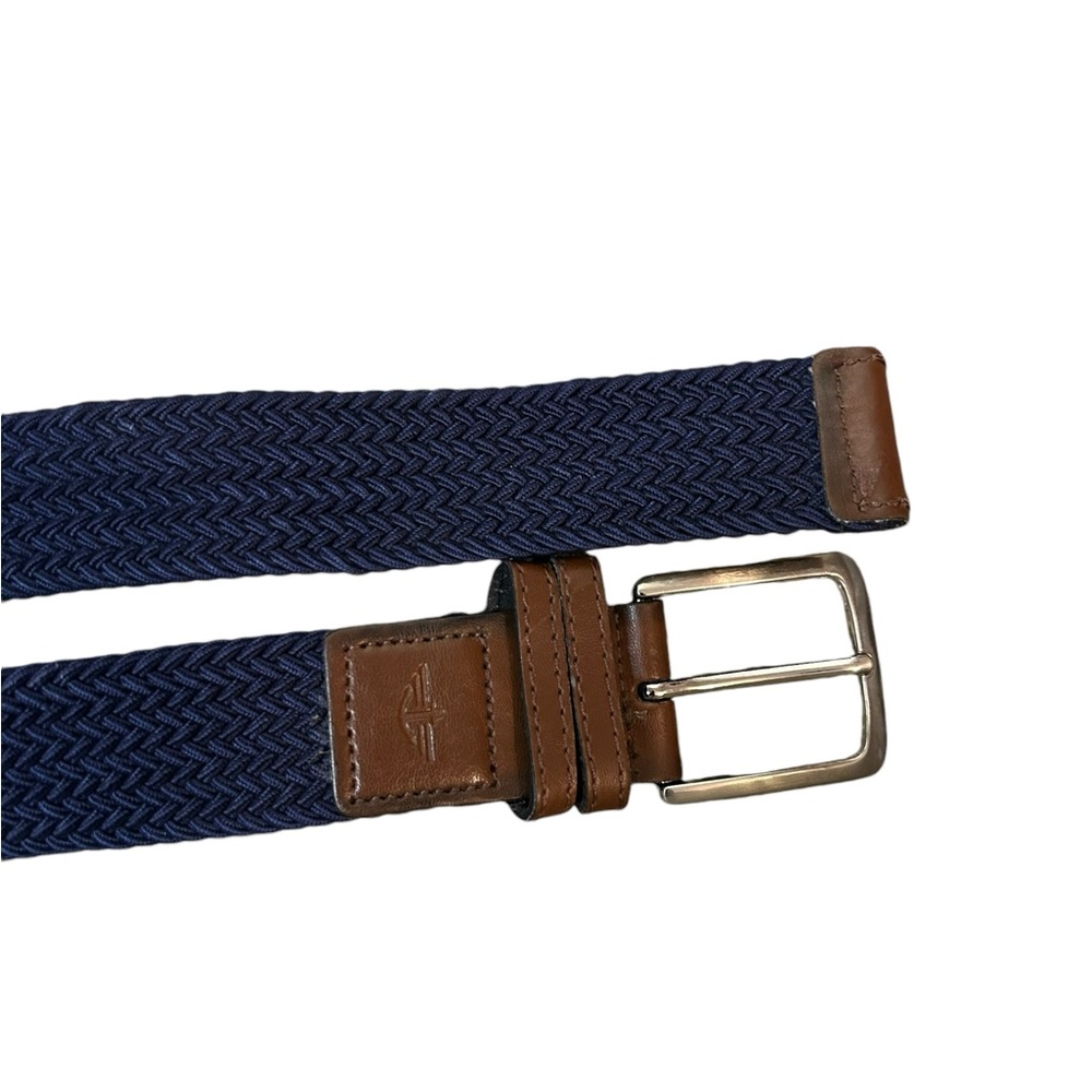 DOCKERS Mens 1 3/8” Stretch Navy Blue Fabric Braided Belt & Brown Leather SZ Med
